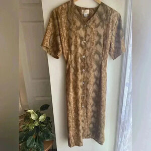 Vintage Voir Collection Button Down Tie Waist Dress Short Sleeve Size Large Tan